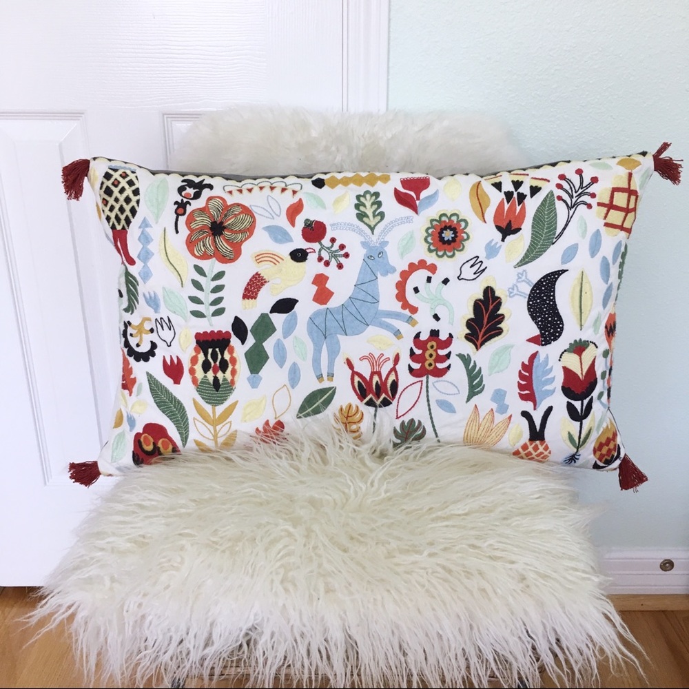 Embroidered Multicolored Pillow with Corner Tassel